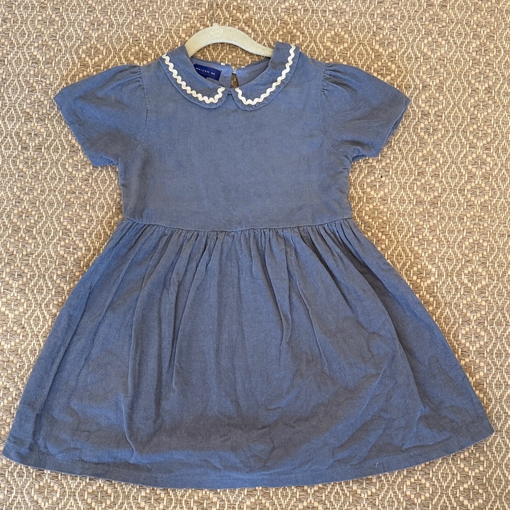 Maison Me Girls Blue Ric Rac Peter Pan Collar Dress with Puff Sleeve. Size Y8